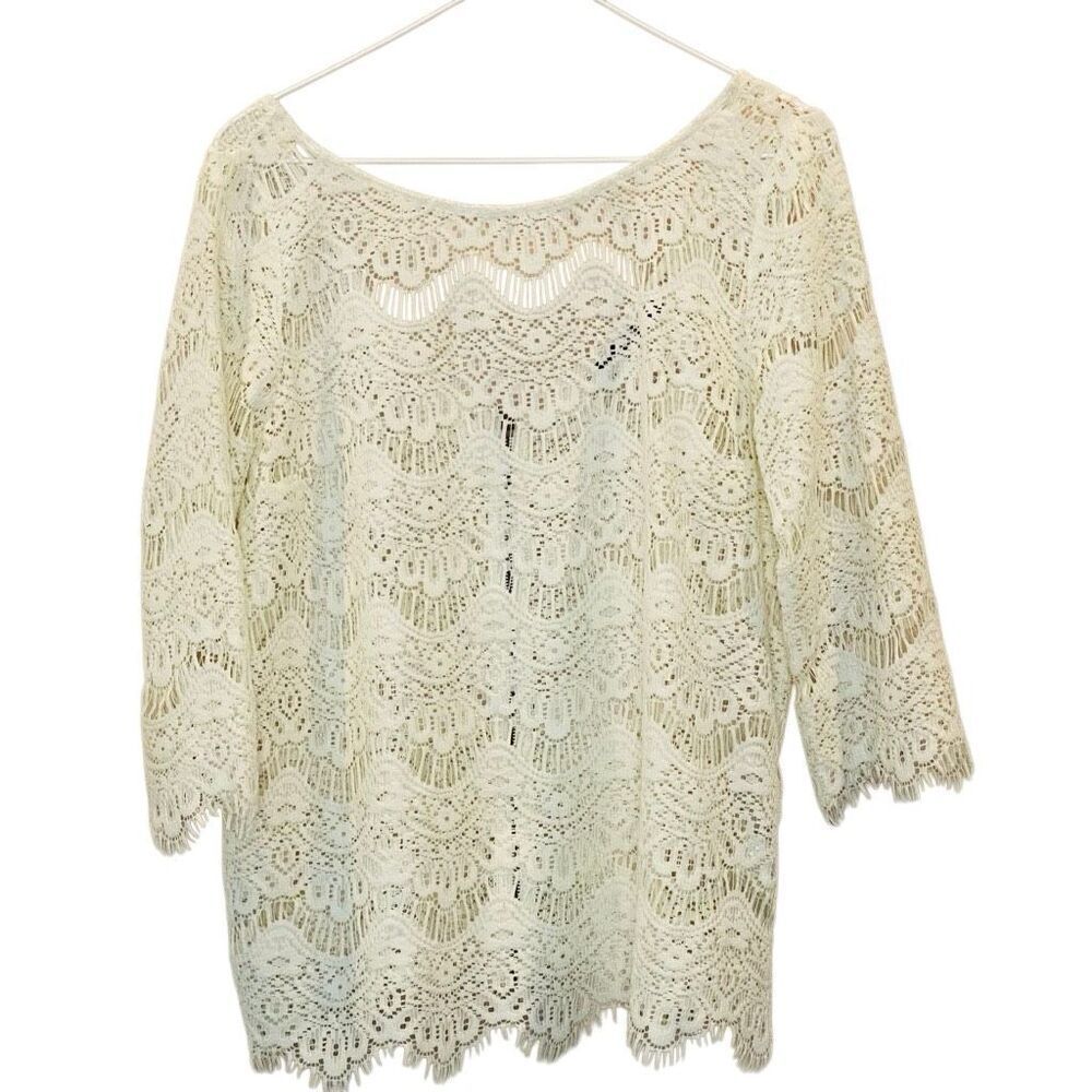 Zara TRF Collection Sheer Lace Back Zip Quarter Sleeve Blouse Ivory Large